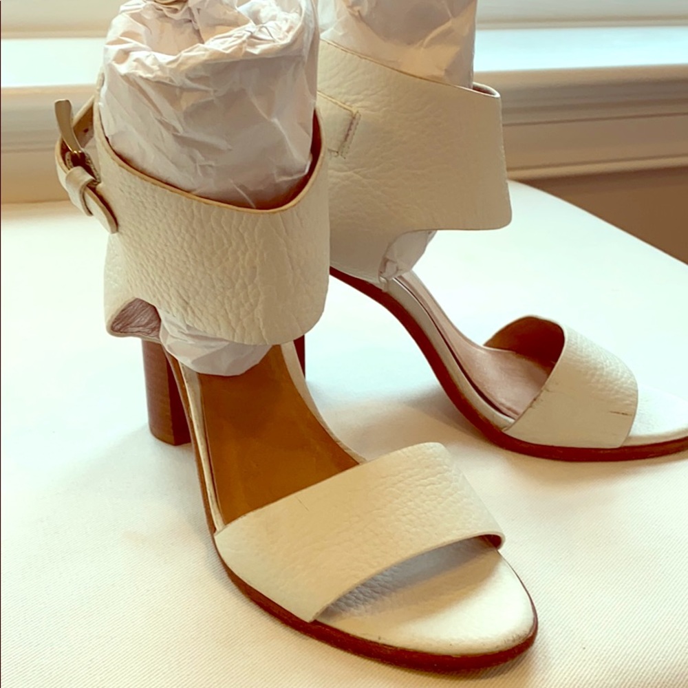 JOIE leather strapped sandals.  Wood stacked heel.